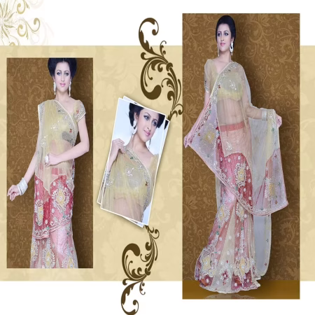 Pazaar Mayuri Cream Yellow & Maroon Embroidered Party Lehenga Saree