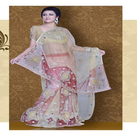 Pazaar Mayuri Cream Yellow & Maroon Embroidered Party Lehenga Saree