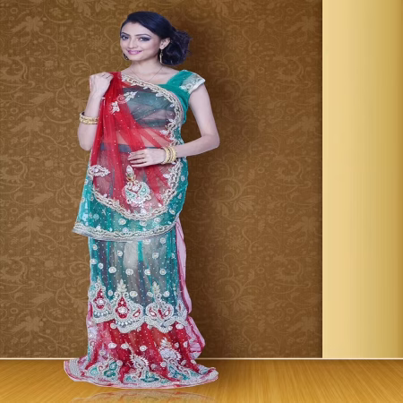 Pazaar Mayuri Rose-Madder Red & Pine Green Embroidered Party Lehenga Saree