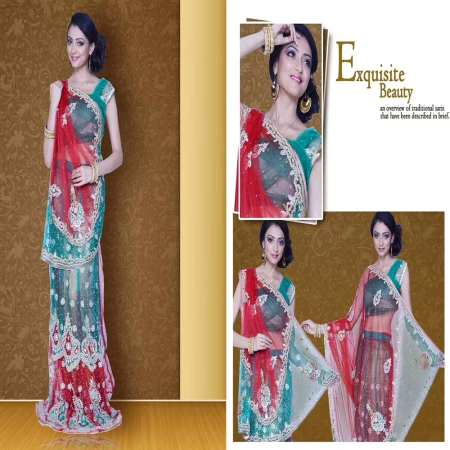 Pazaar Mayuri Rose-Madder Red & Pine Green Embroidered Party Lehenga Saree