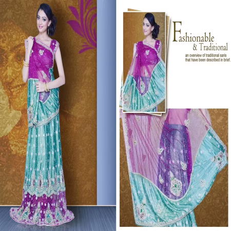 Pazaar Mayuri Byzantium Purple & Viridian Green Embroidered Party Lehenga Saree