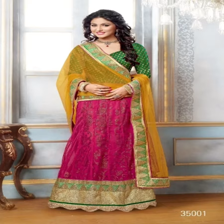 F3 Fashion Pink Lahenga With Green Blouse On Yellow Dupatta