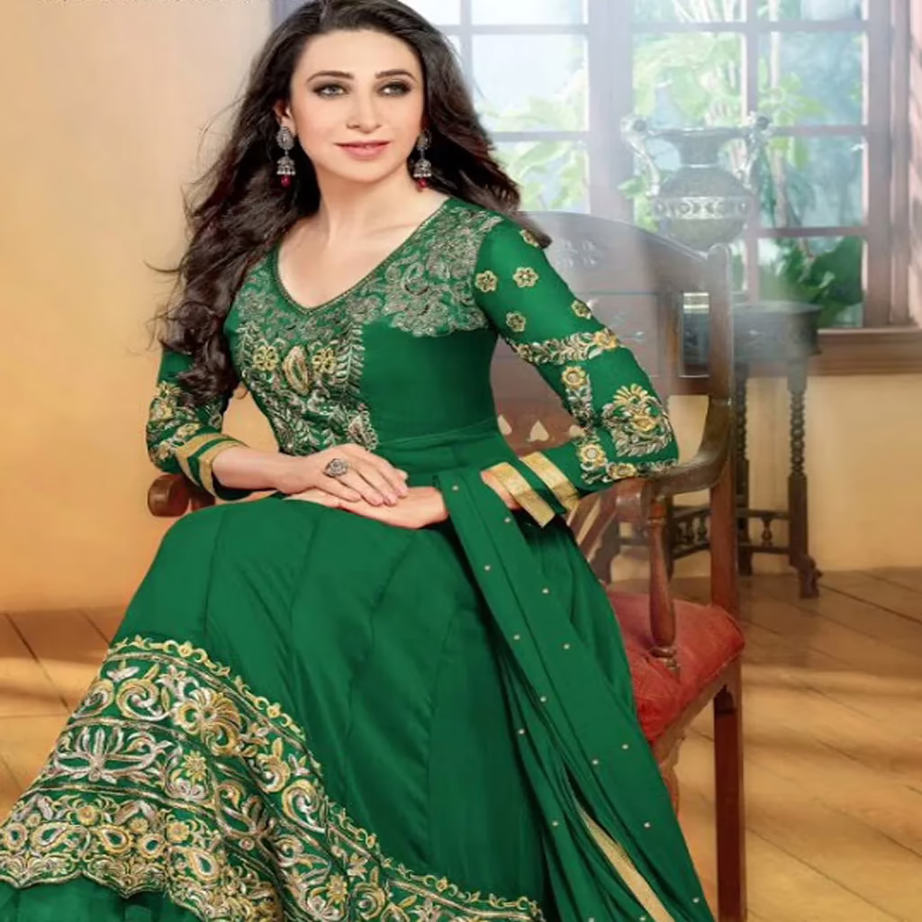 F3 Fashion Dark Green & Light brown Shaded Embroidered Long Anarkali Suit