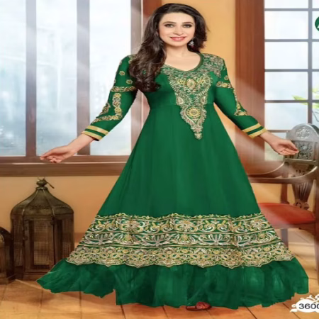 F3 Fashion Dark Green & Light brown Shaded Embroidered Long Anarkali Suit