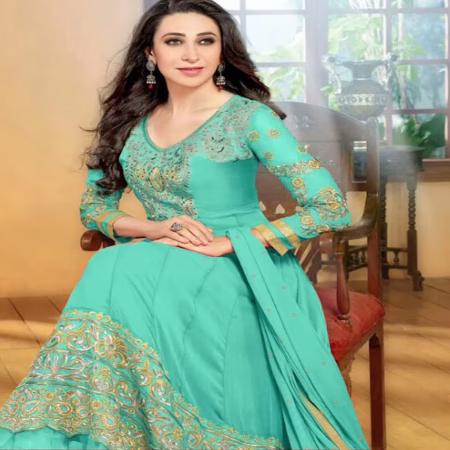 F3 Fashion Sea Green & Light brown Shaded Embroidered Long Anarkali Suit