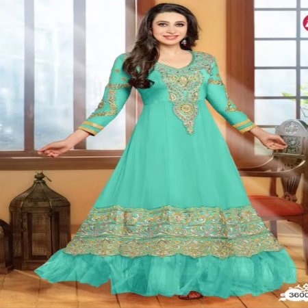F3 Fashion Sea Green & Light brown Shaded Embroidered Long Anarkali Suit