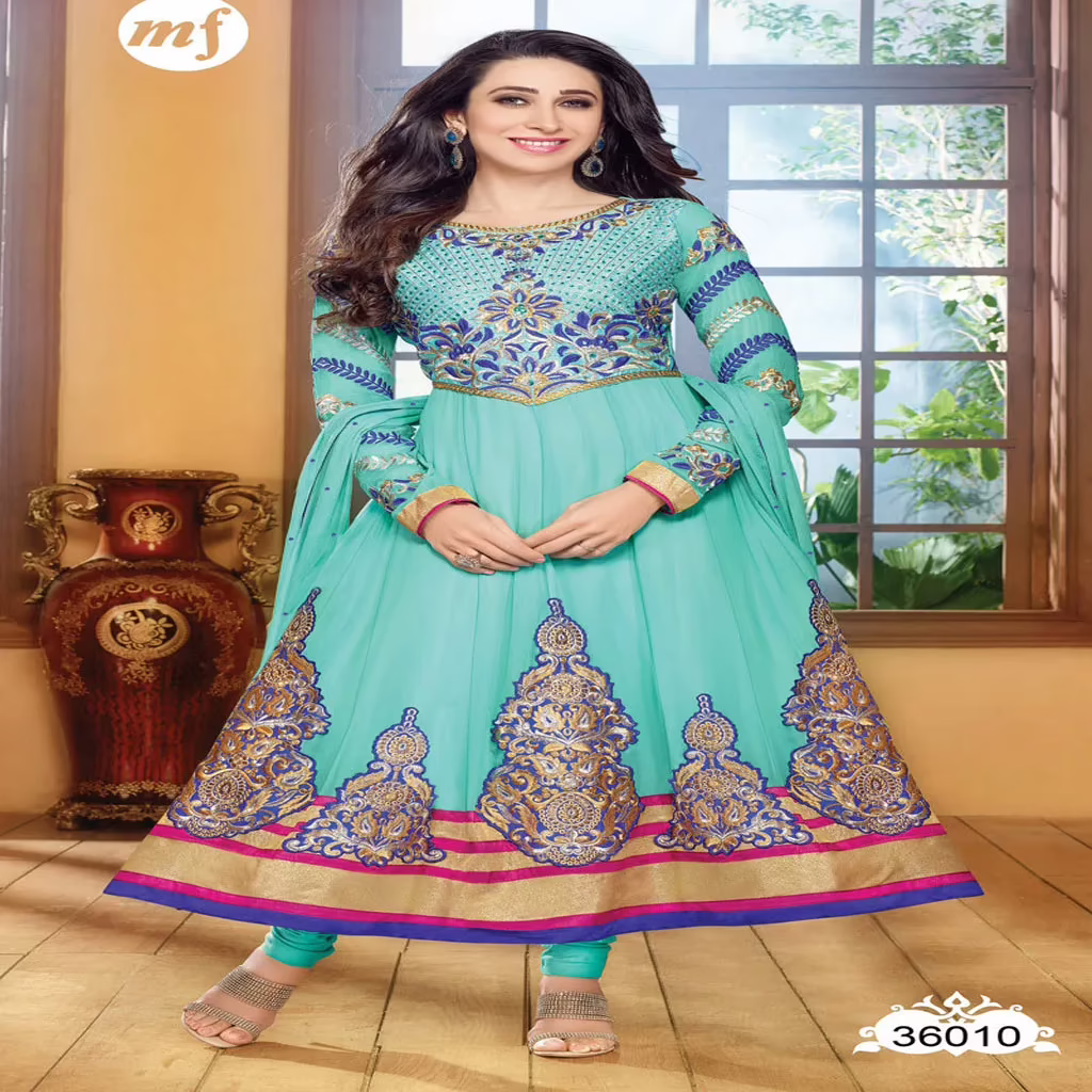 F3 Fashion Sea Green With Blue & Brown Shaded Anarkali Suit