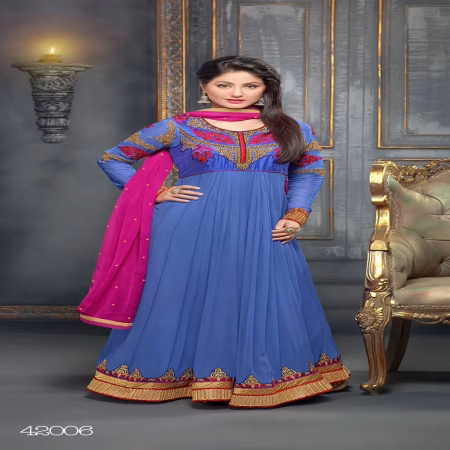 F3 Fashion Light Navy Blue & Pink Embroidered Shaded Long Anarkali Suit