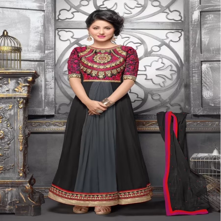 F3 Fashion Black & Grey Embroidered Shaded Long Anarkali Suit