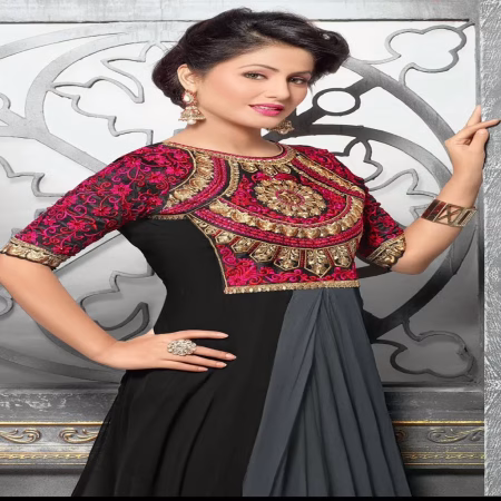 F3 Fashion Black & Grey Embroidered Shaded Long Anarkali Suit