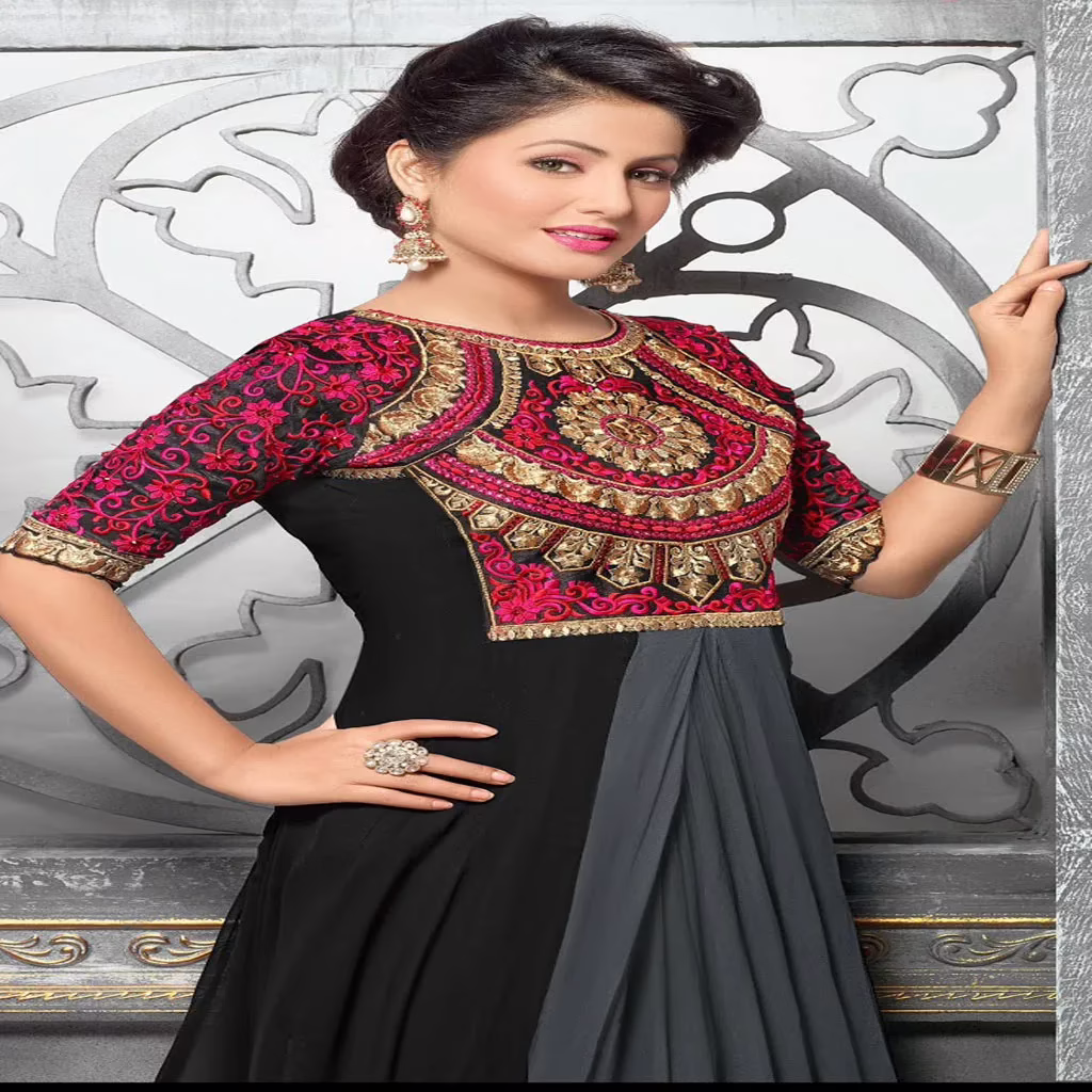 F3 Fashion Black & Grey Embroidered Shaded Long Anarkali Suit