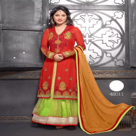 F3 Fashion Kesari Georgette Light Green Net Shaded Embroidered Long Anarkali Suit