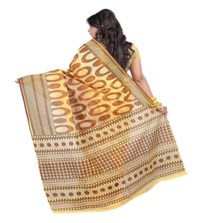 Lookslady Printed Yellow & Brown Cotton Saree