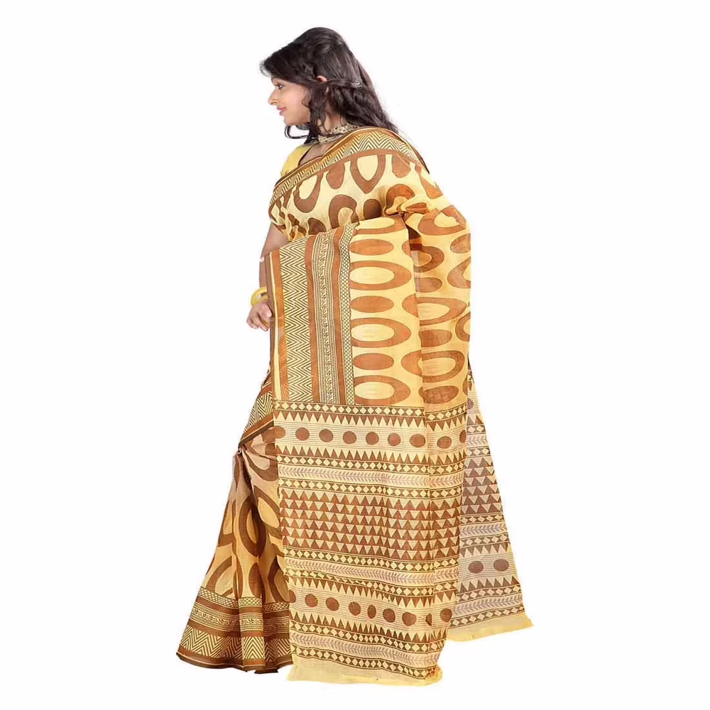 Lookslady Printed Yellow & Brown Cotton Saree