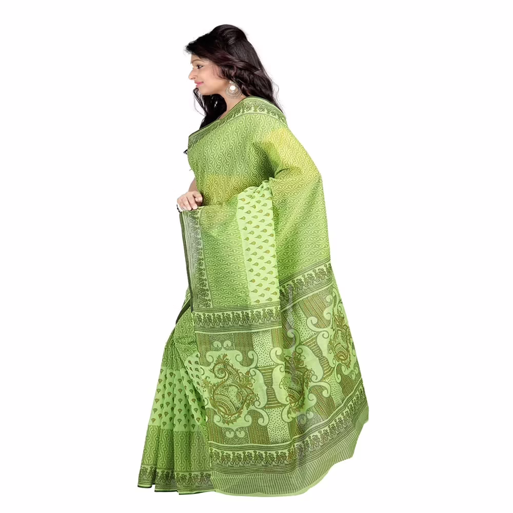 Lookslady Printed Green & Brown Cotton Saree