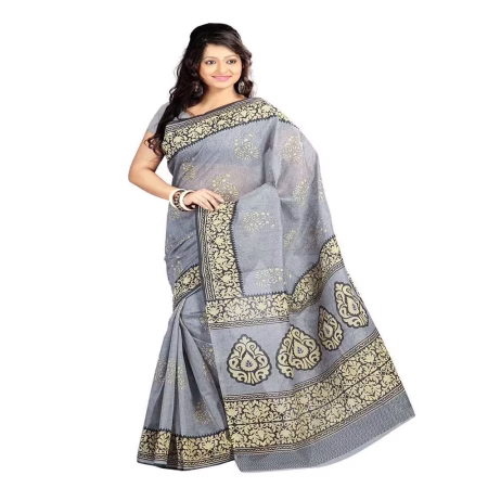 Lookslady Printed Grey & Beige Cotton Saree