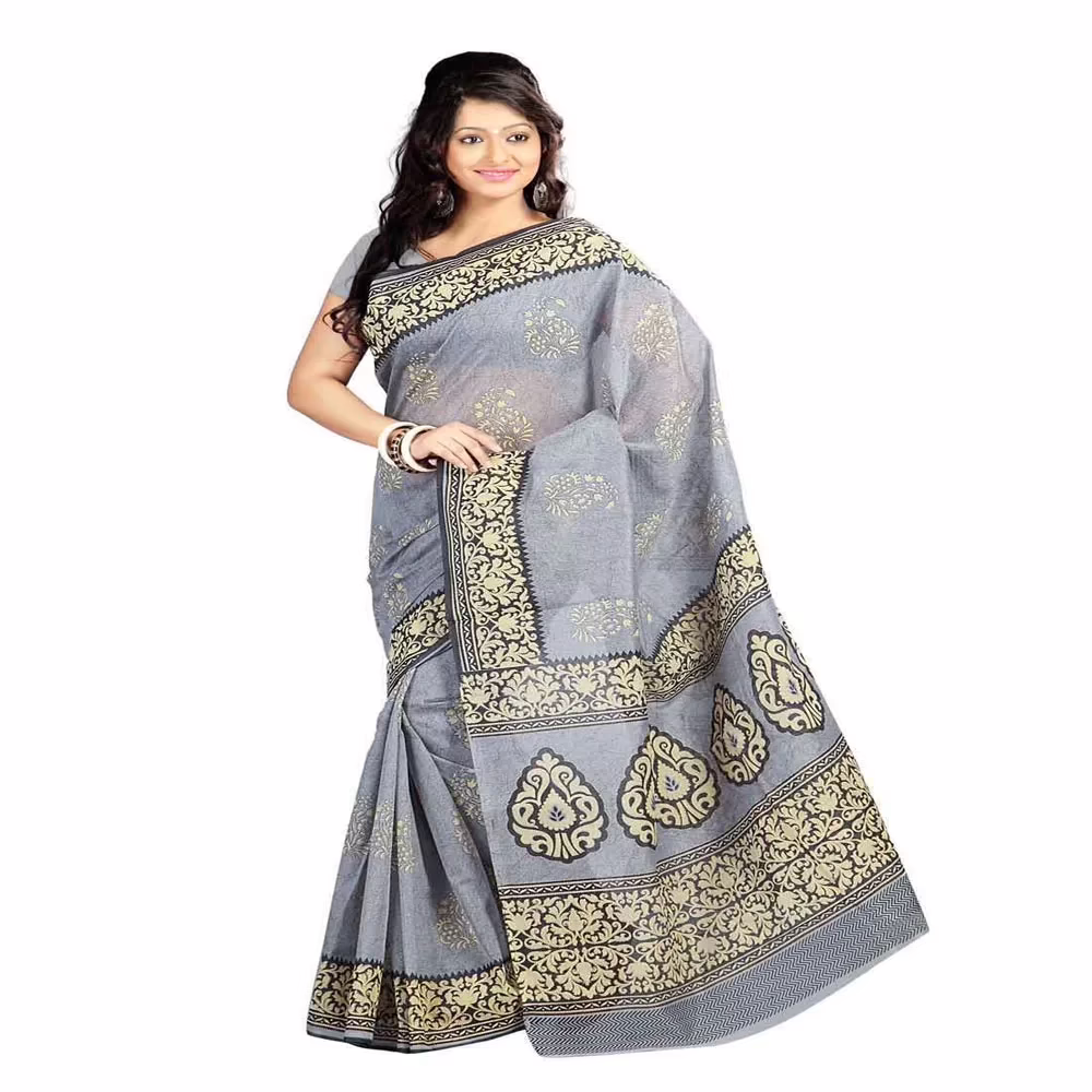 Lookslady Printed Grey & Beige Cotton Saree