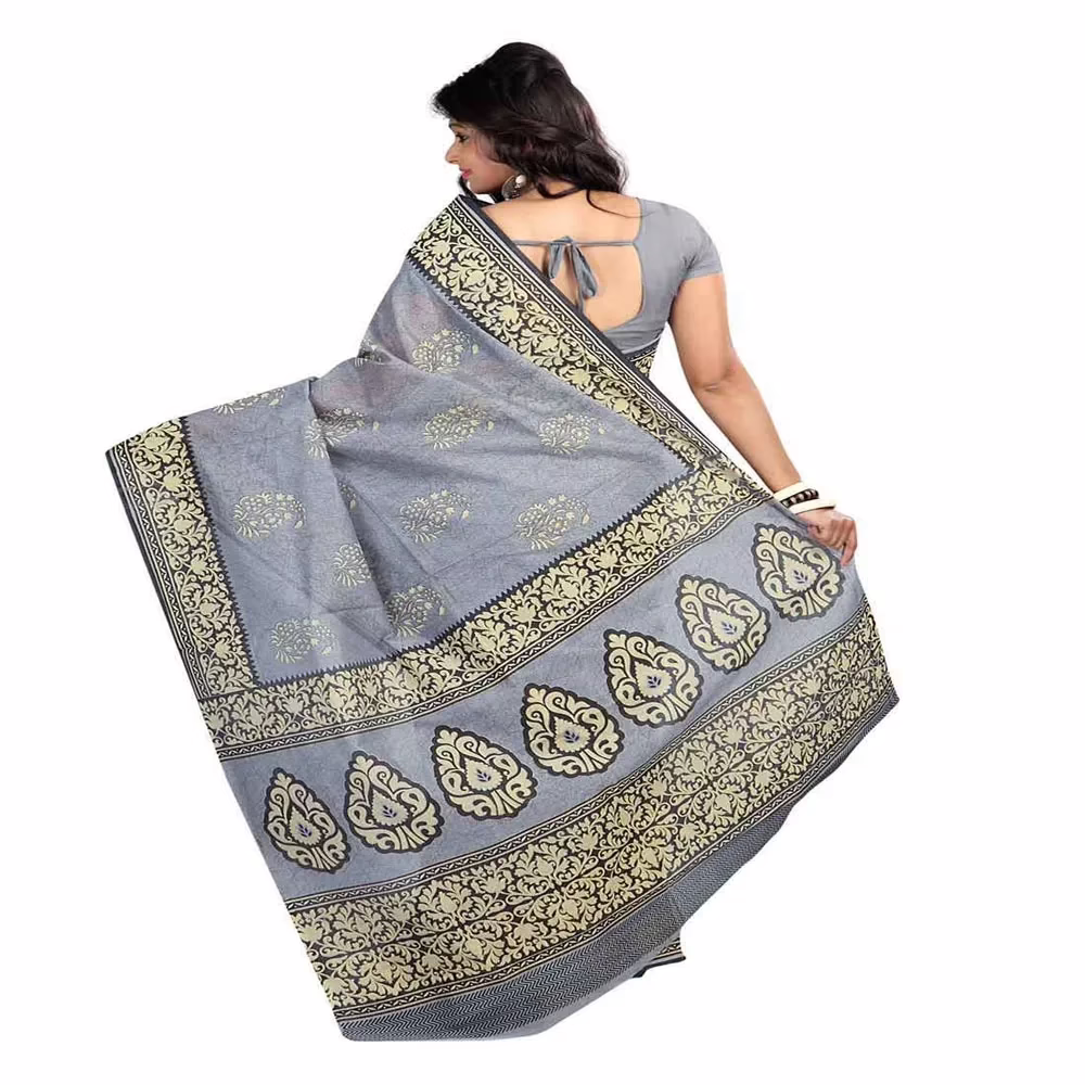 Lookslady Printed Grey & Beige Cotton Saree
