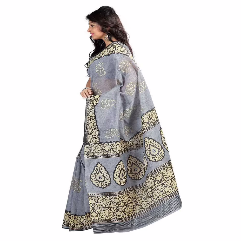 Lookslady Printed Grey & Beige Cotton Saree