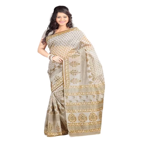Lookslady Printed Beige & Brown Cotton Saree