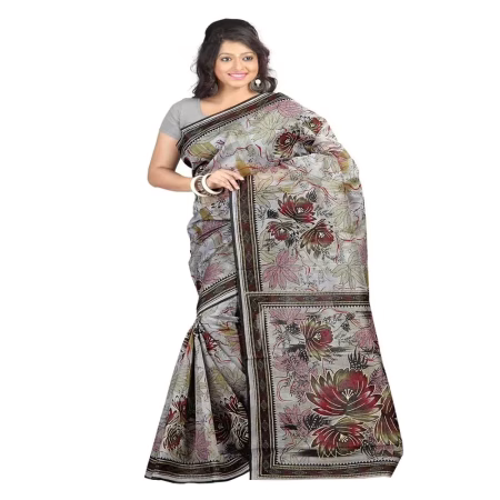 Lookslady Printed Grey & Beige Cotton Saree