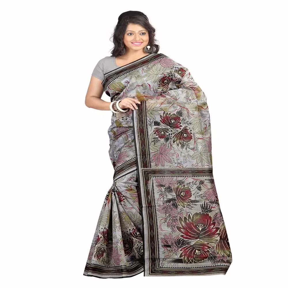 Lookslady Printed Grey & Beige Cotton Saree