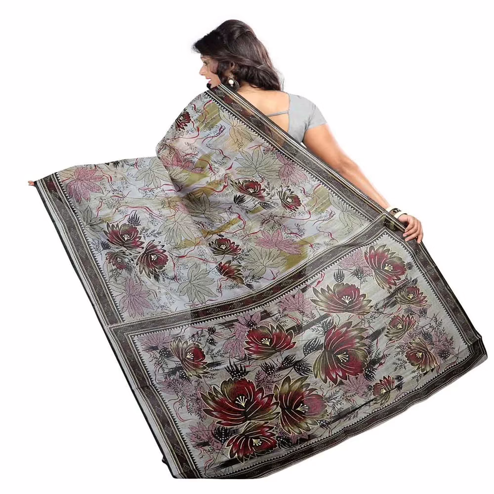 Lookslady Printed Grey & Beige Cotton Saree
