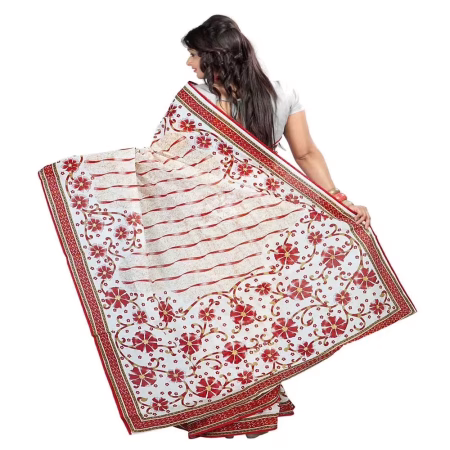 Lookslady Printed Beige & White Cotton Saree