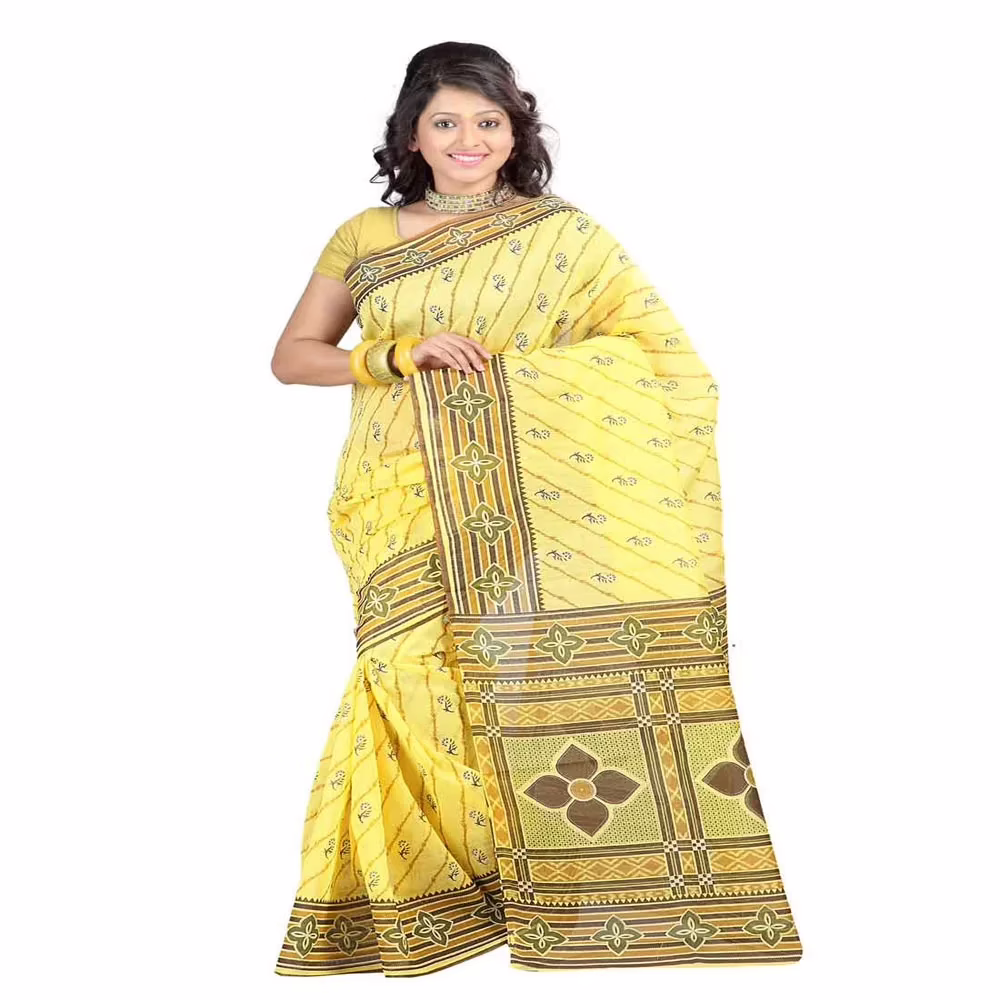 Lookslady Printed Yellow & Brown Cotton Saree