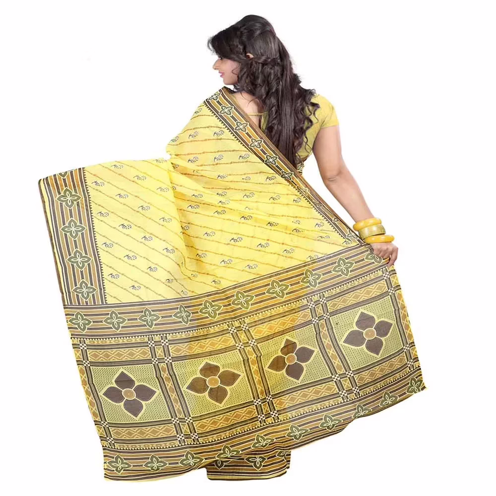 Lookslady Printed Yellow & Brown Cotton Saree