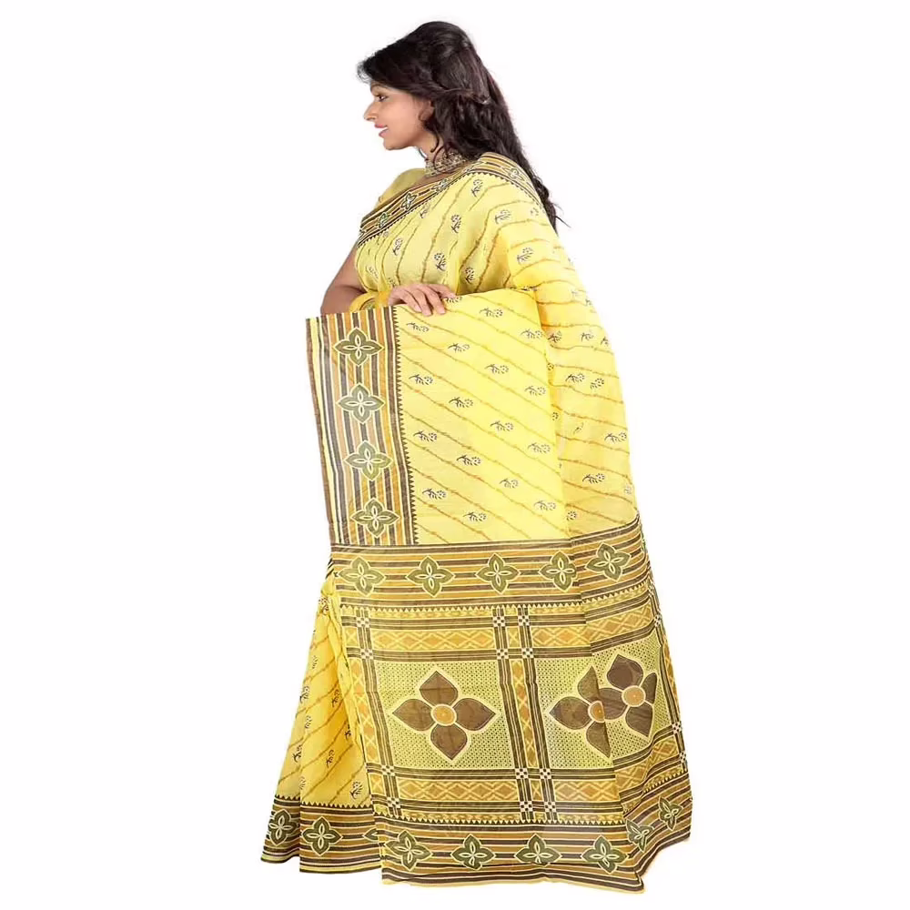 Lookslady Printed Yellow & Brown Cotton Saree