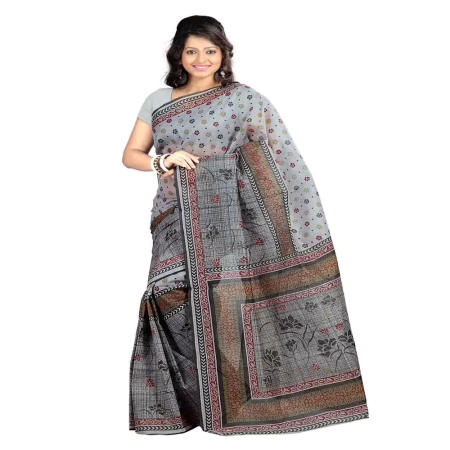 Lookslady Printed Grey & Beige Cotton Saree