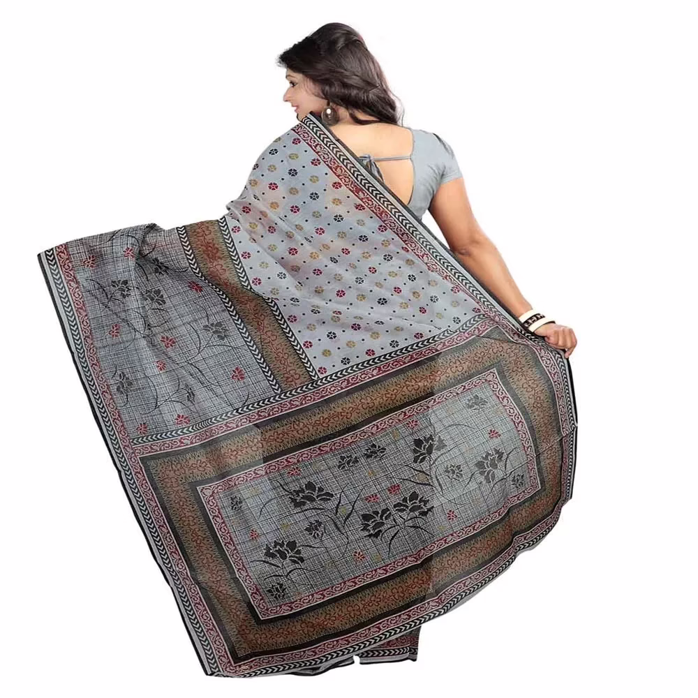 Lookslady Printed Grey & Beige Cotton Saree