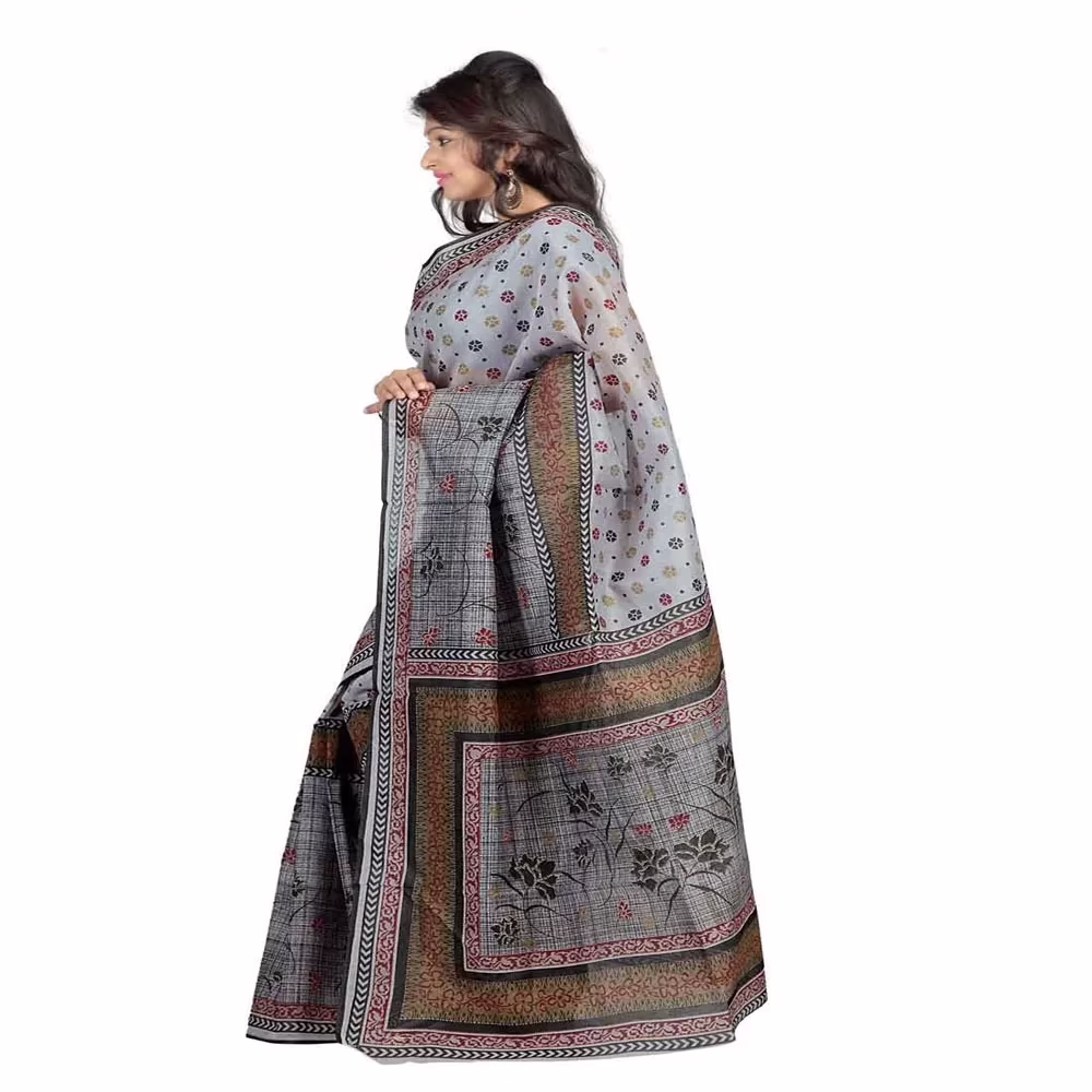 Lookslady Printed Grey & Beige Cotton Saree