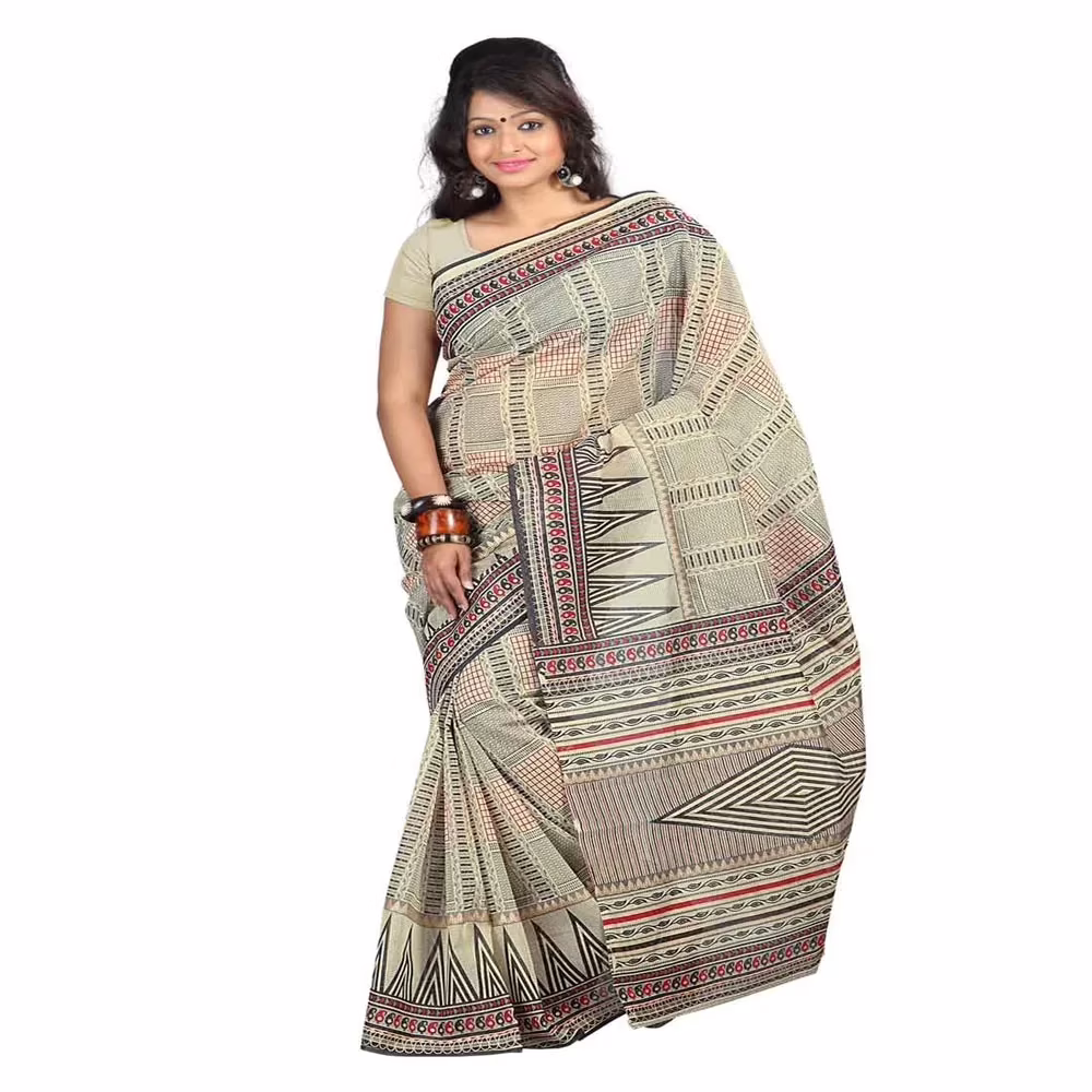 Lookslady Printed Beige & Dark Green Cotton Saree