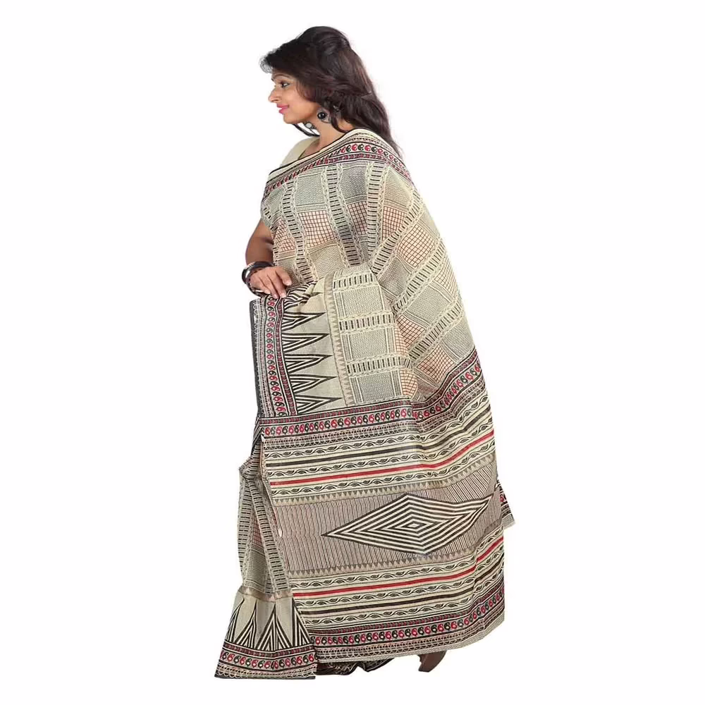 Lookslady Printed Beige & Dark Green Cotton Saree
