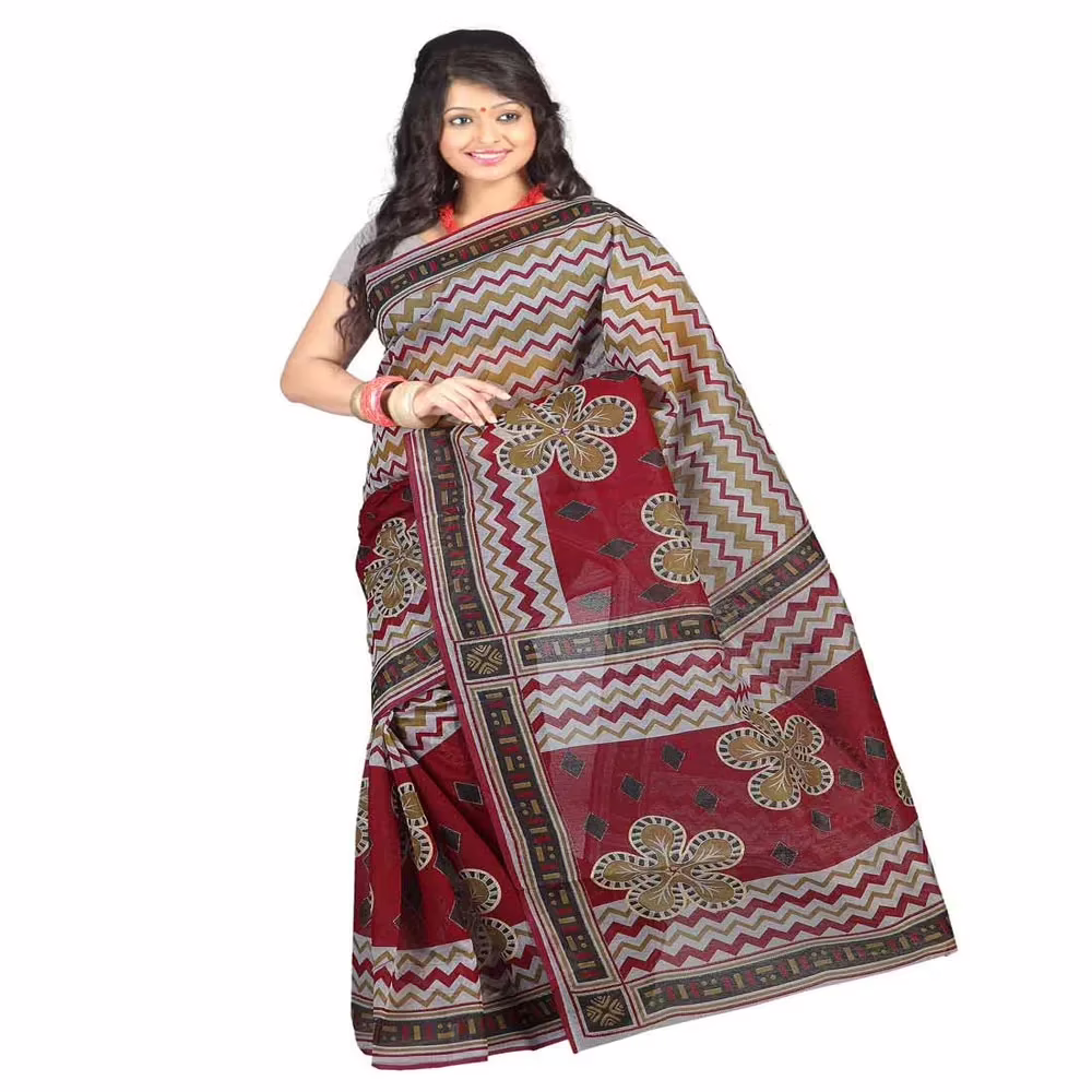 Lookslady Printed Grey & Maroon Cotton Saree
