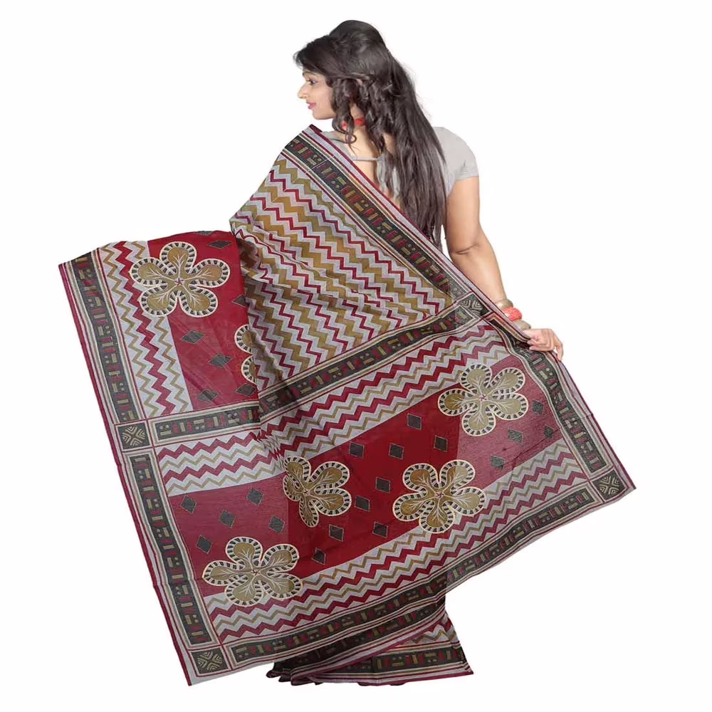 Lookslady Printed Grey & Maroon Cotton Saree
