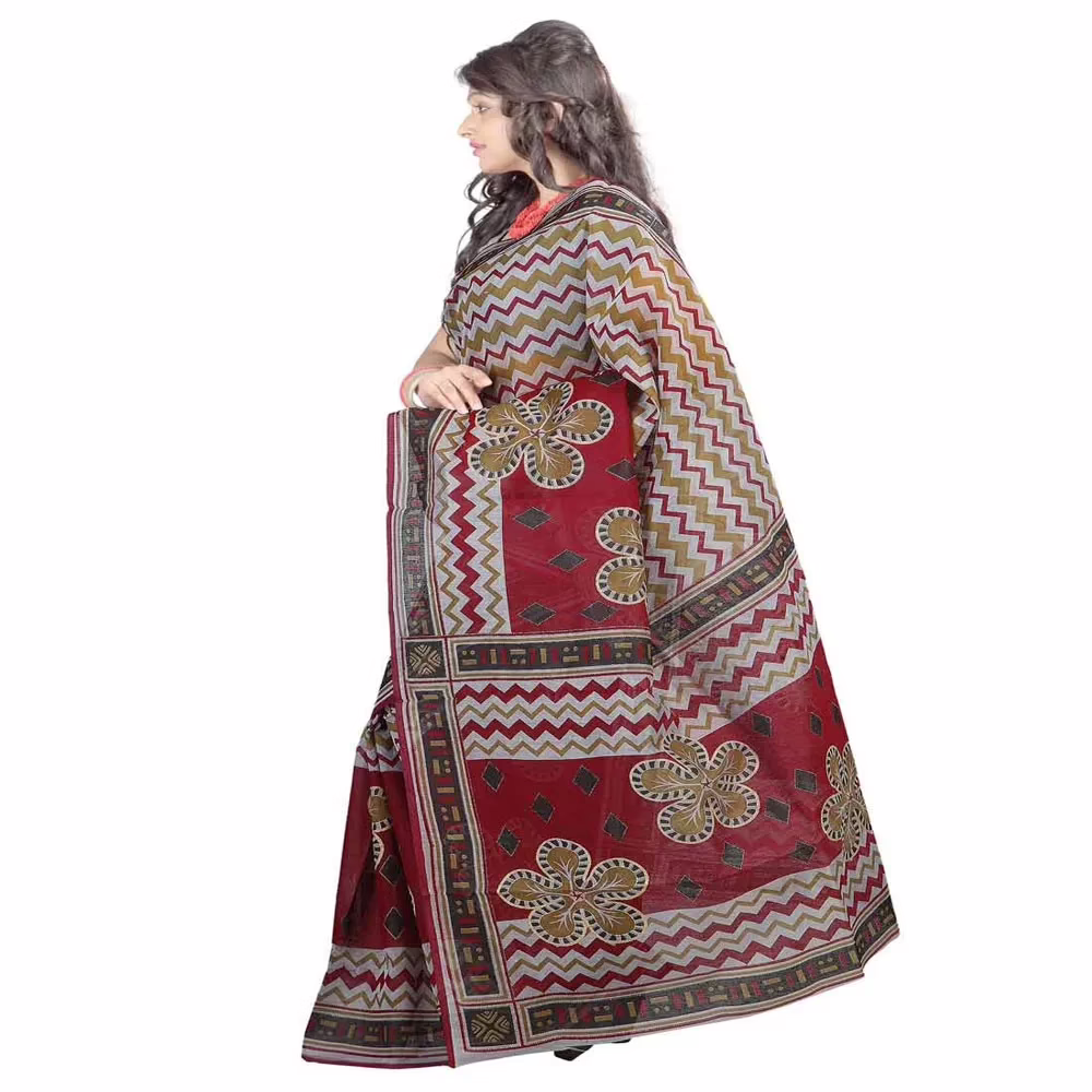 Lookslady Printed Grey & Maroon Cotton Saree