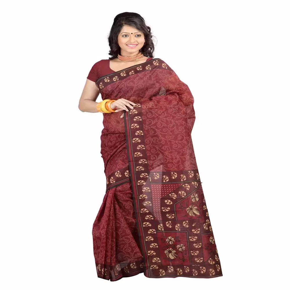 Lookslady Printed Maroon & Beige Cotton Saree