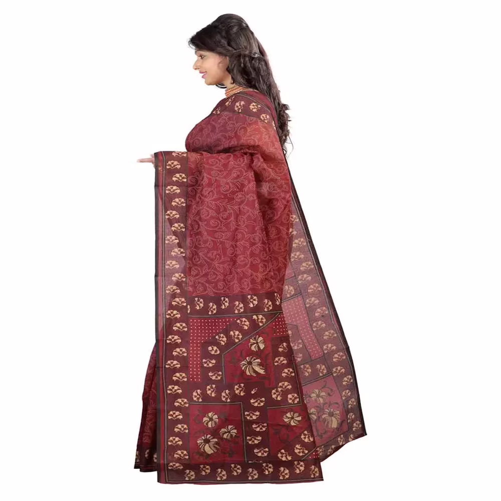 Lookslady Printed Maroon & Beige Cotton Saree