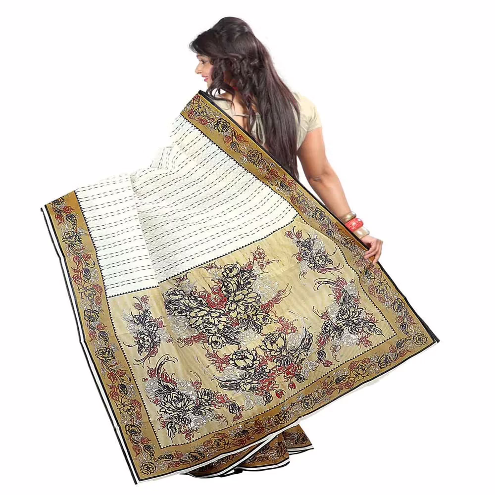 Lookslady Printed White & Beige Cotton Saree