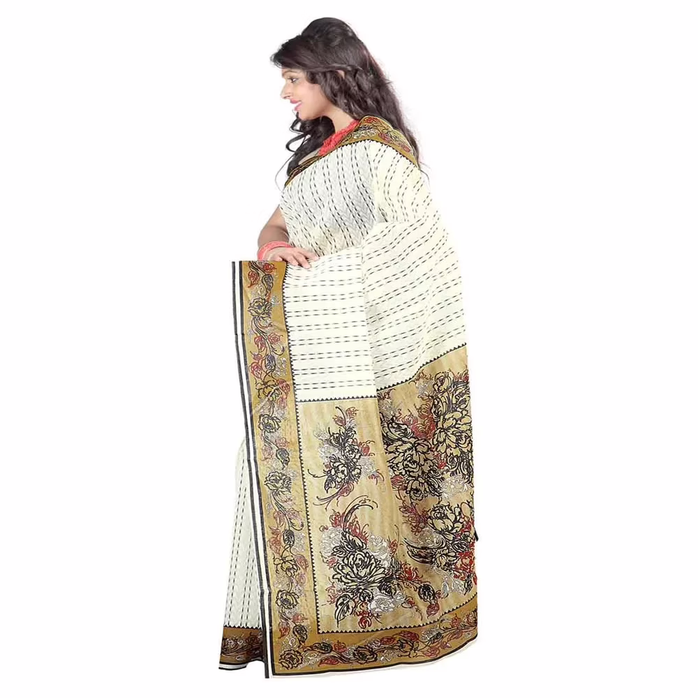 Lookslady Printed White & Beige Cotton Saree