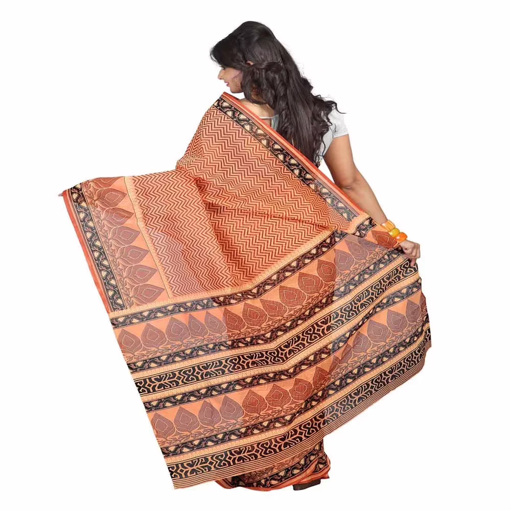 Lookslady Printed Orange & Black Cotton Saree