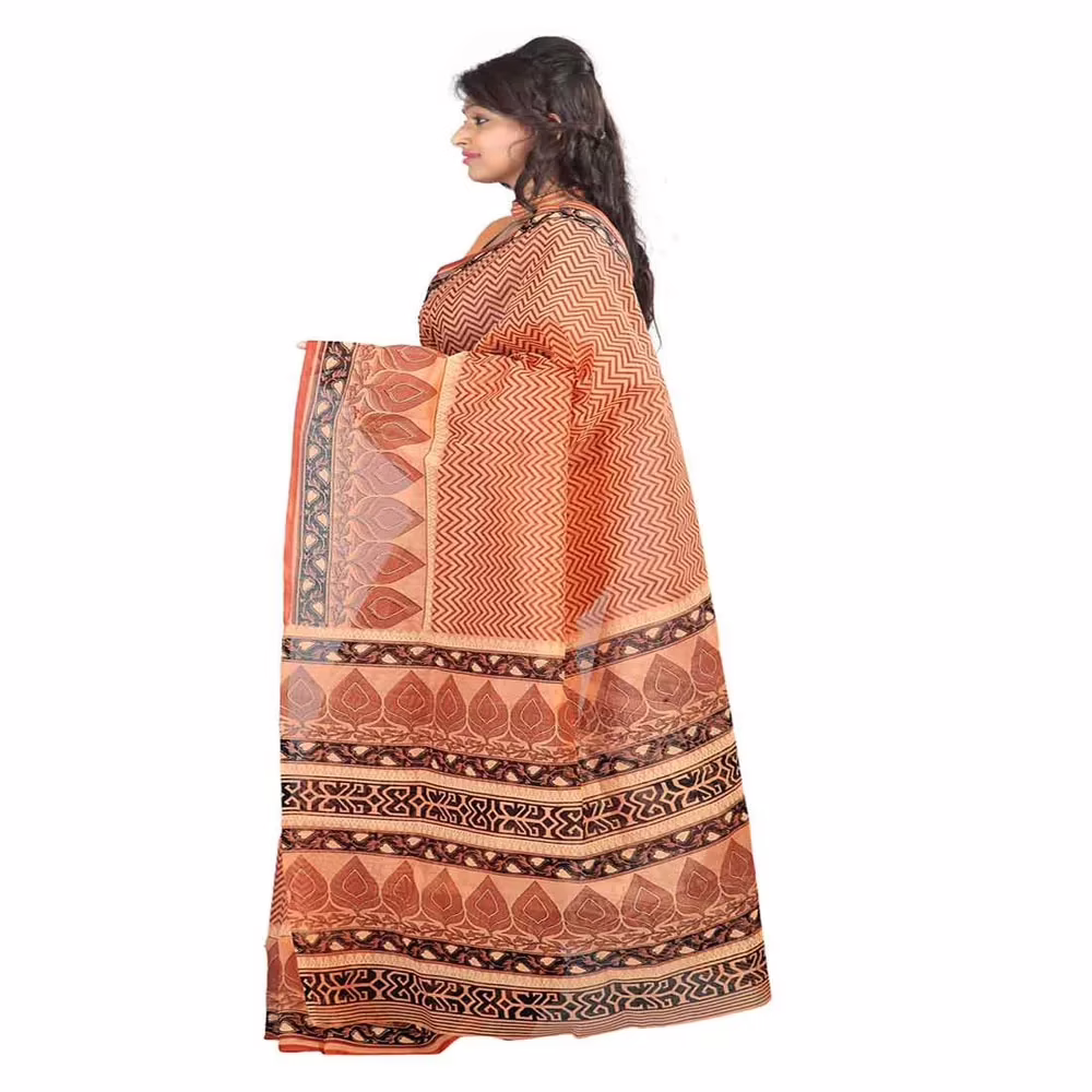Lookslady Printed Orange & Black Cotton Saree