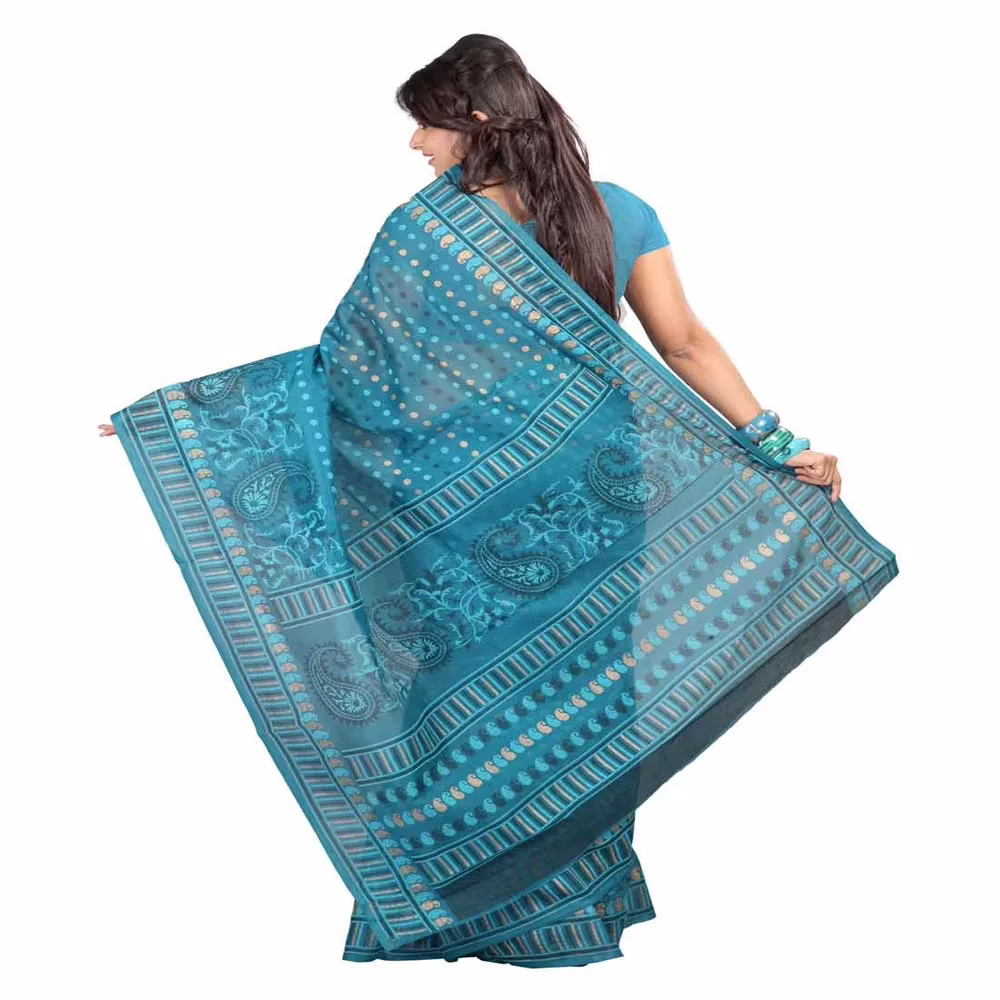 Lookslady Printed Turquoise & Beige Cotton Saree