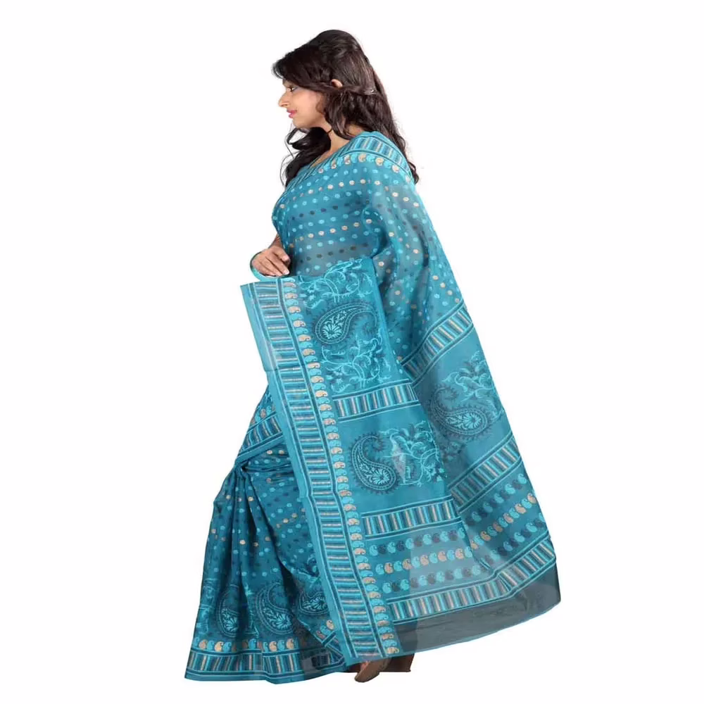 Lookslady Printed Turquoise & Beige Cotton Saree