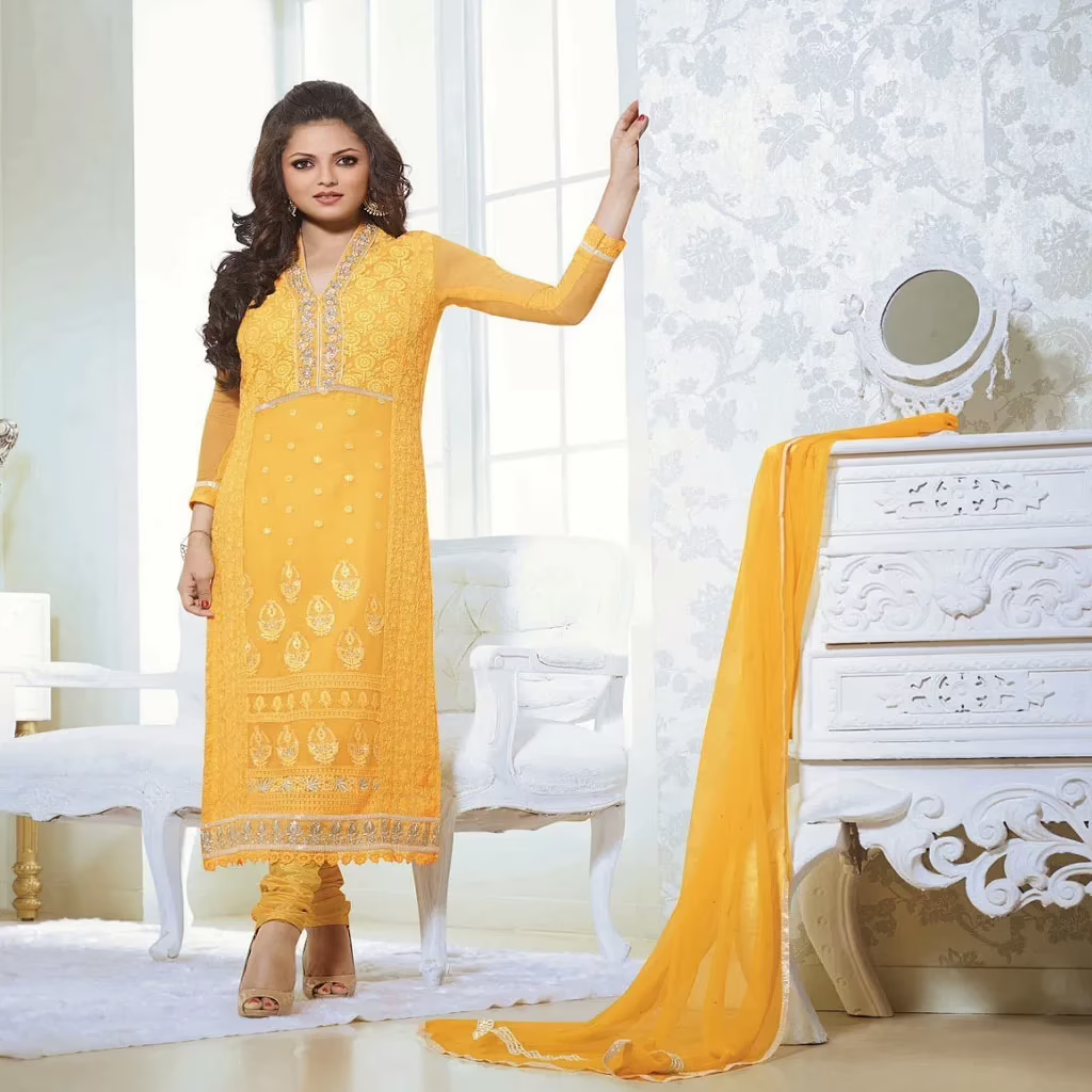 F3 Fashion Yellow Straight Cut Pakistani Style Suit With White Shaded