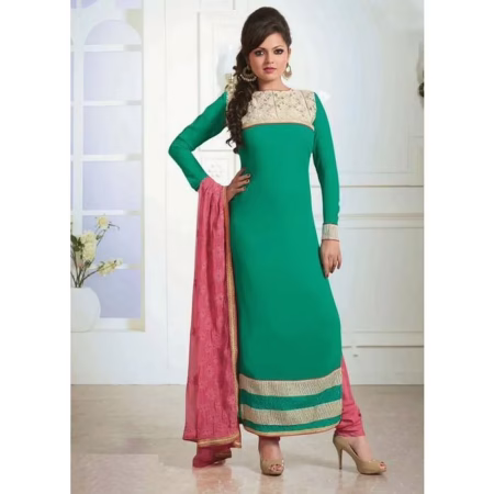 F3 Fashion Sea Green Straight Cut Pakistani Style Suit With White Shaded