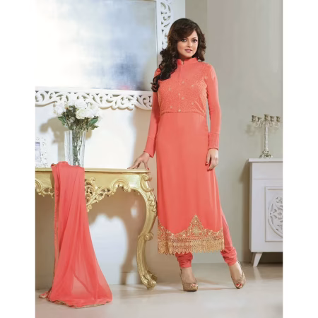 F3 Fashion Peach Straight Cut Pakistani Style Suit With Brown Shaded
